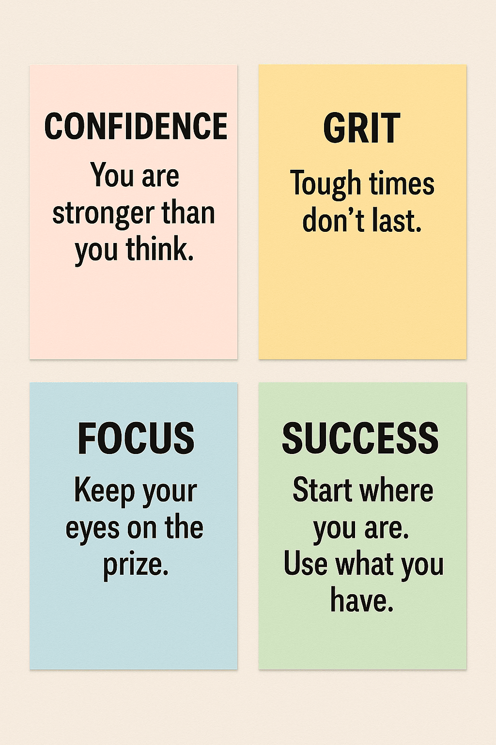 Grid layout of clean, minimalist quote cards (in pastel, bold, or black-and-white themes). Ideal for use in printable planners or Pinterest pins.