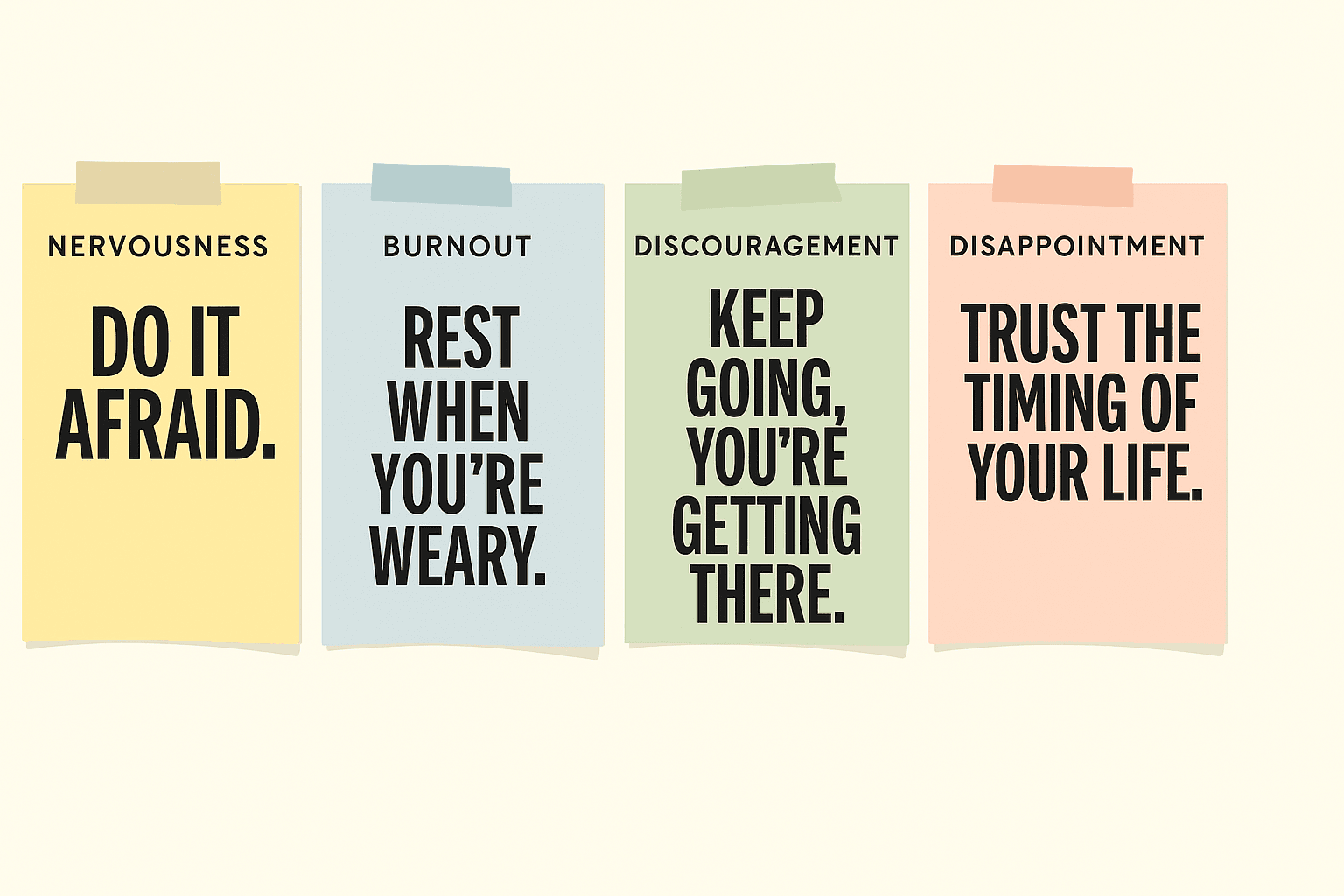Poster-style quote cards arranged by mood + sticky-note templates for each emotional trigger (nervousness, burnout, etc.)