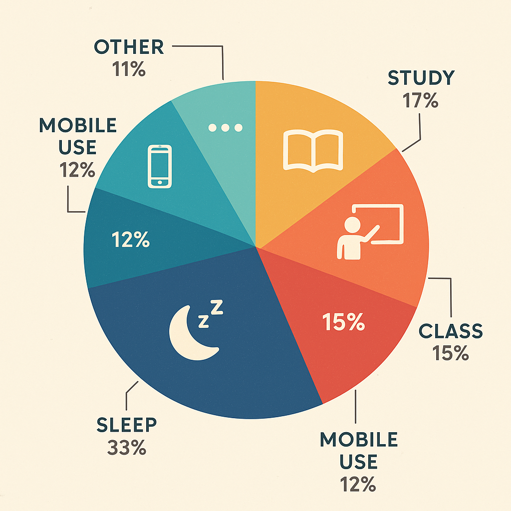 “How students typically spend 24 hours” — sleep, study, class, mobile use, part-time jobs, etc.