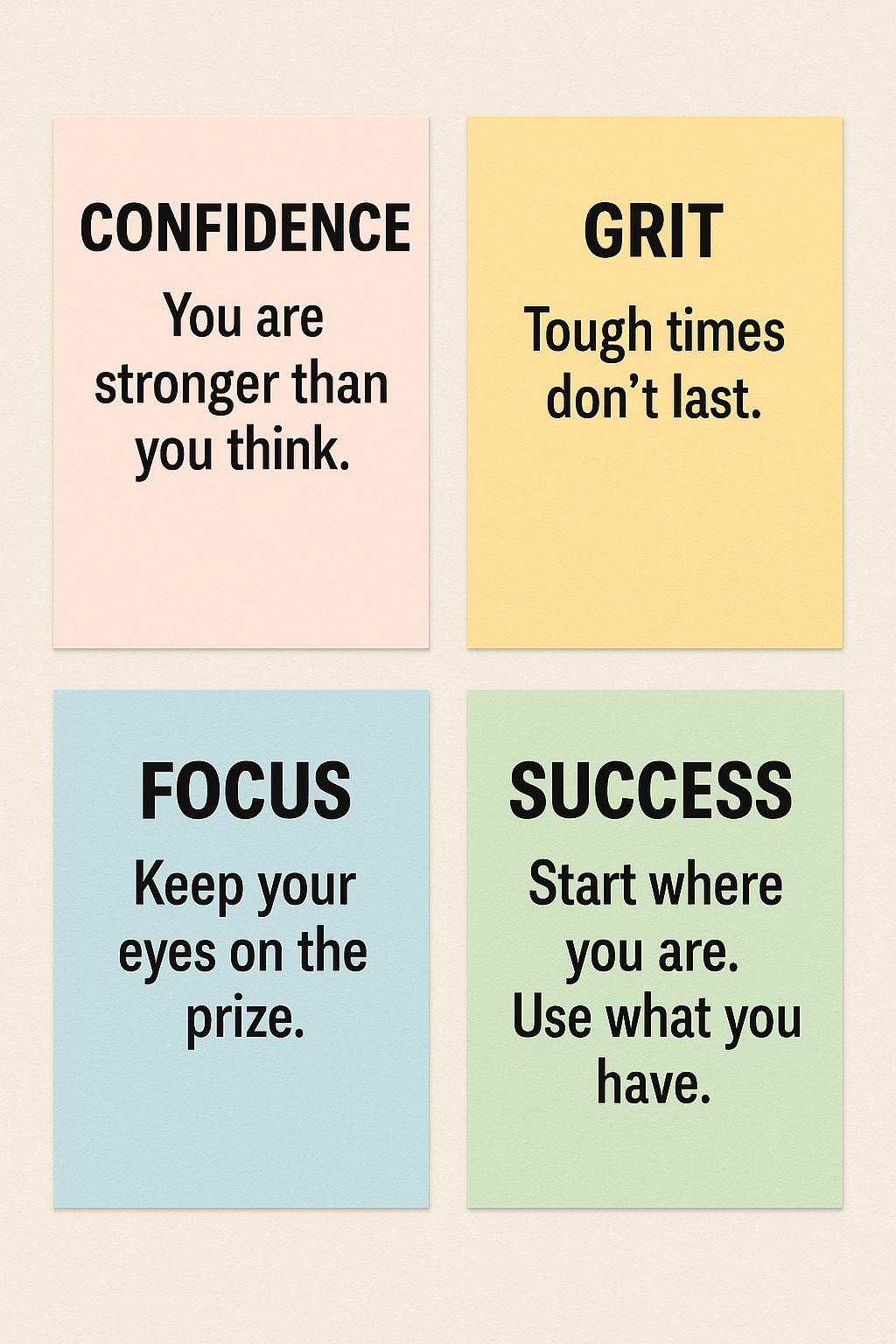 Grid layout of clean, minimalist quote cards (in pastel, bold, or black-and-white themes). Ideal for use in printable planners or Pinterest pins.