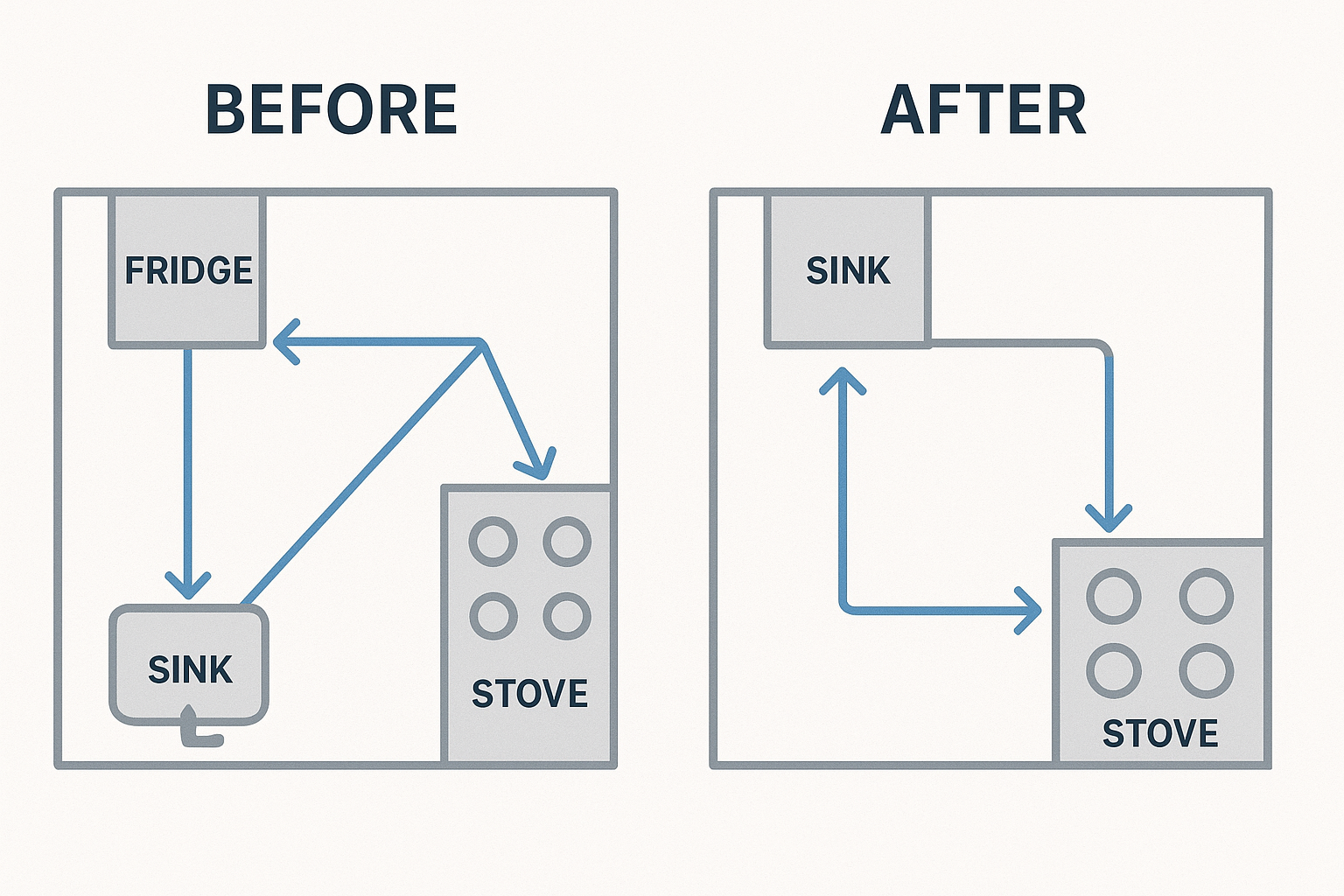 Before vs After layout of the kitchen showing improved flow