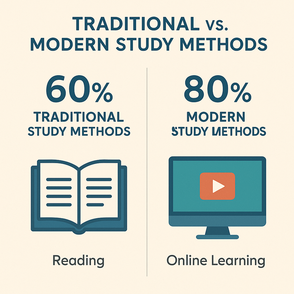 Comparison of traditional vs. modern study methods with average retention rates.