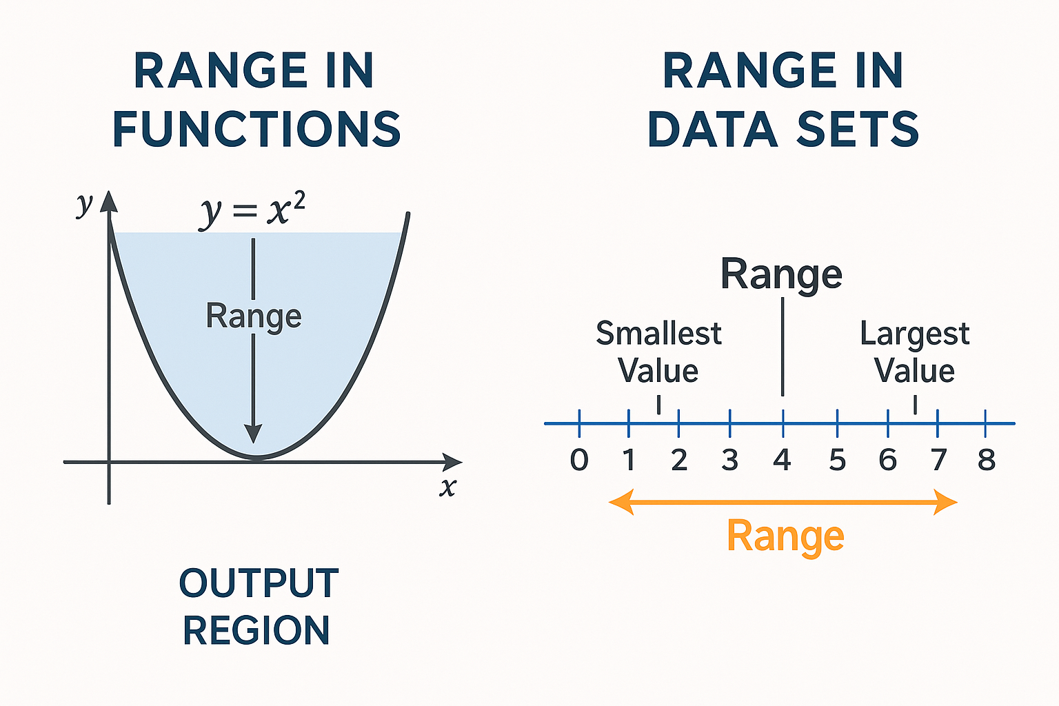 a graph (e.g.,
𝑦
=
𝑥
2
y=x
2
) with the curve plotted and the vertical region under the curve (from its lowest
𝑦
y to its highest on your window) shaded in. Label the shaded band “Range” so readers instantly see the “output territory” of the function.