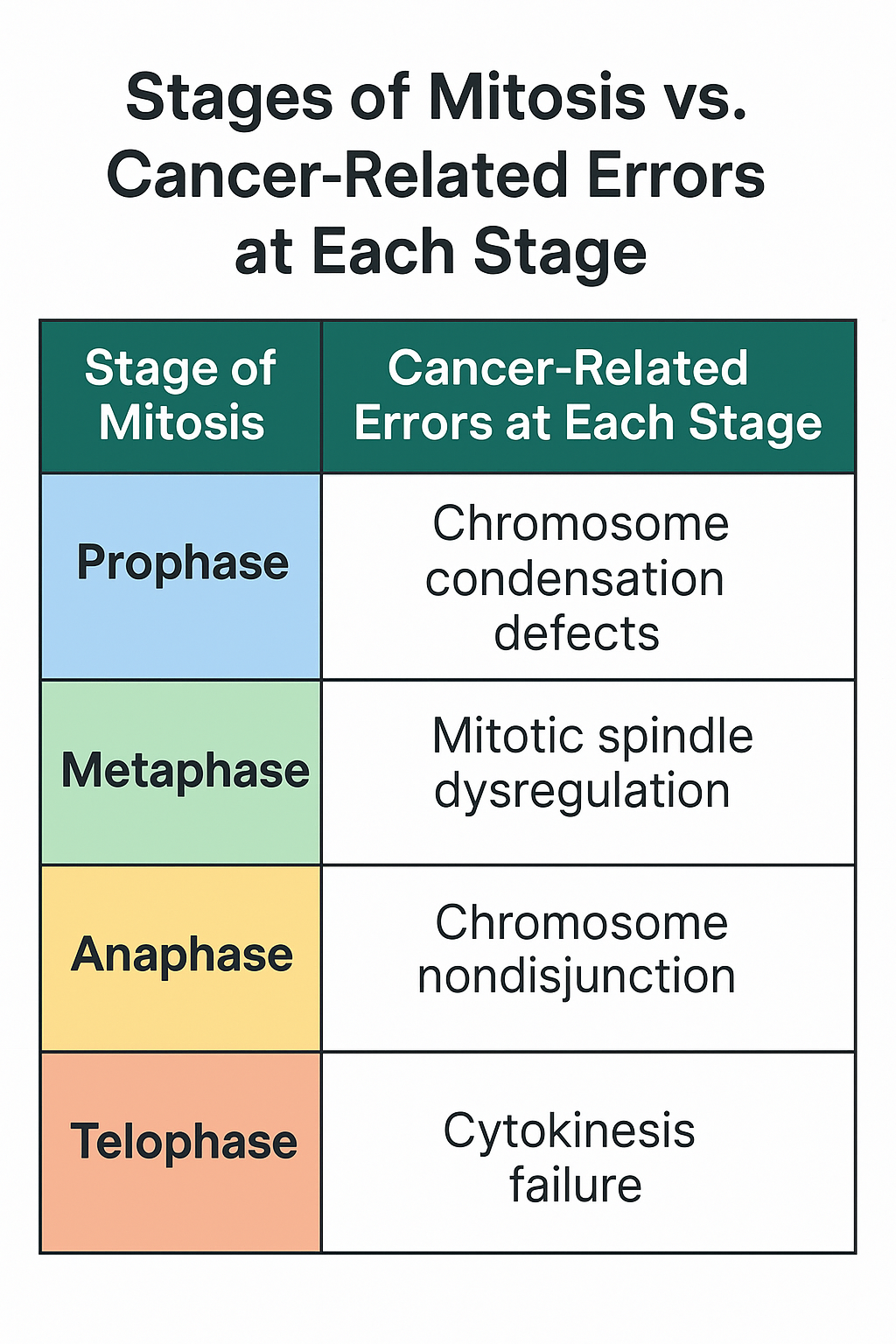 Stages of Mitosis vs. Cancer-Related Errors at Each Stage
