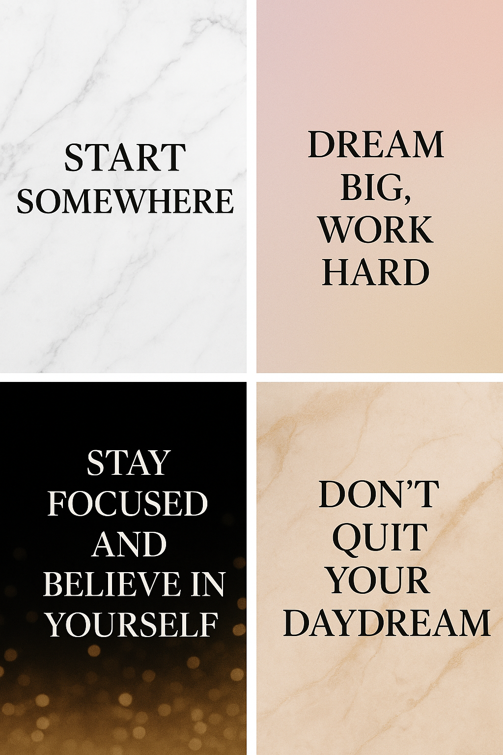 Grid of quote cards featuring minimalist typography over dynamic backgrounds—think marble textures, pastel gradients, bold blacks and golds. Perfect for Pinterest, Instagram Stories, or your brand’s “Quote of the Week.”