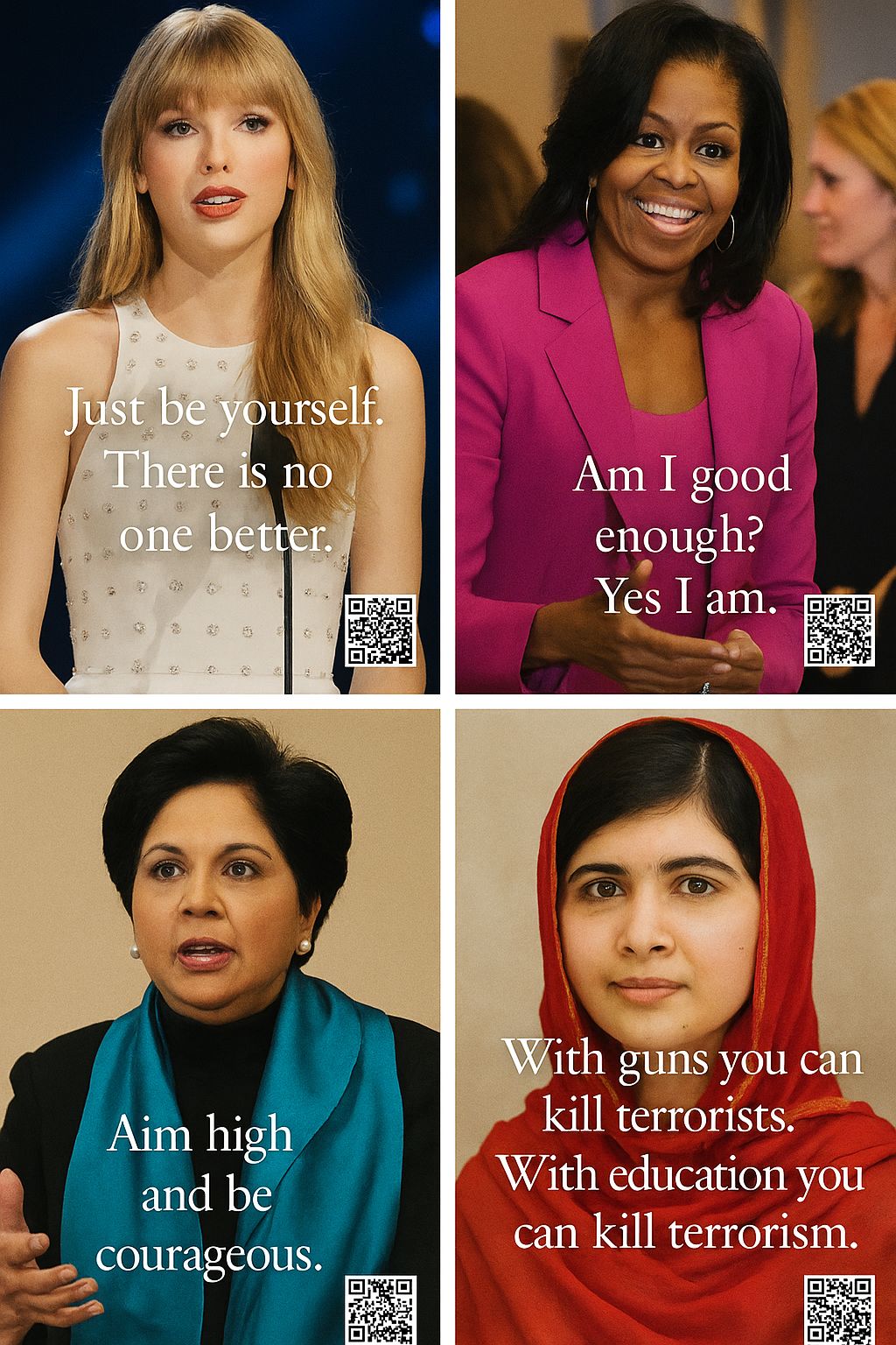 Carousel or Pinterest board with portraits of each woman + quote overlay + a QR code linking to the moment/speech where they said it.
