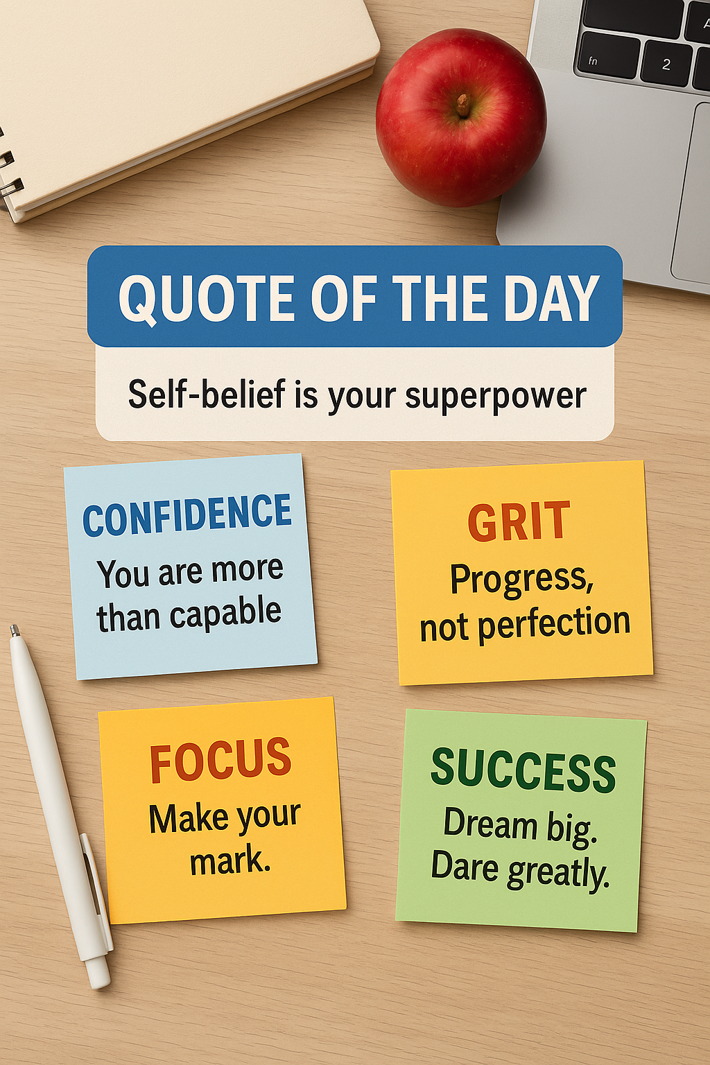 Hero banner with rotating quote carousel
Flat-lay student desk with sticky notes of quotes (aesthetic + motivating)
Downloadable Instagram carousel with themed quote cards: “Confidence,” “Grit,” “Focus,” “Success”
