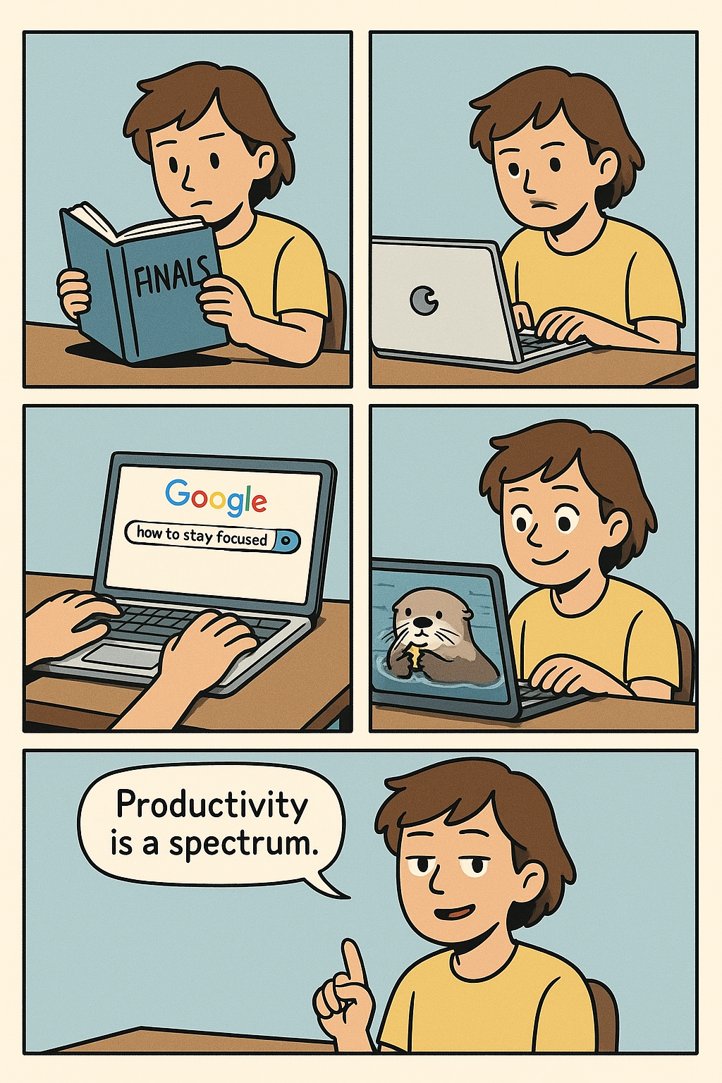 Comic Strip Concept:
A 4-panel comic featuring a student sitting at their desk:
Panel 1: Opens book titled “Finals”
Panel 2: Starts Googling “how to stay focused”
Panel 3: Ends up watching otter videos
Panel 4: Says “Productivity is a spectrum.”