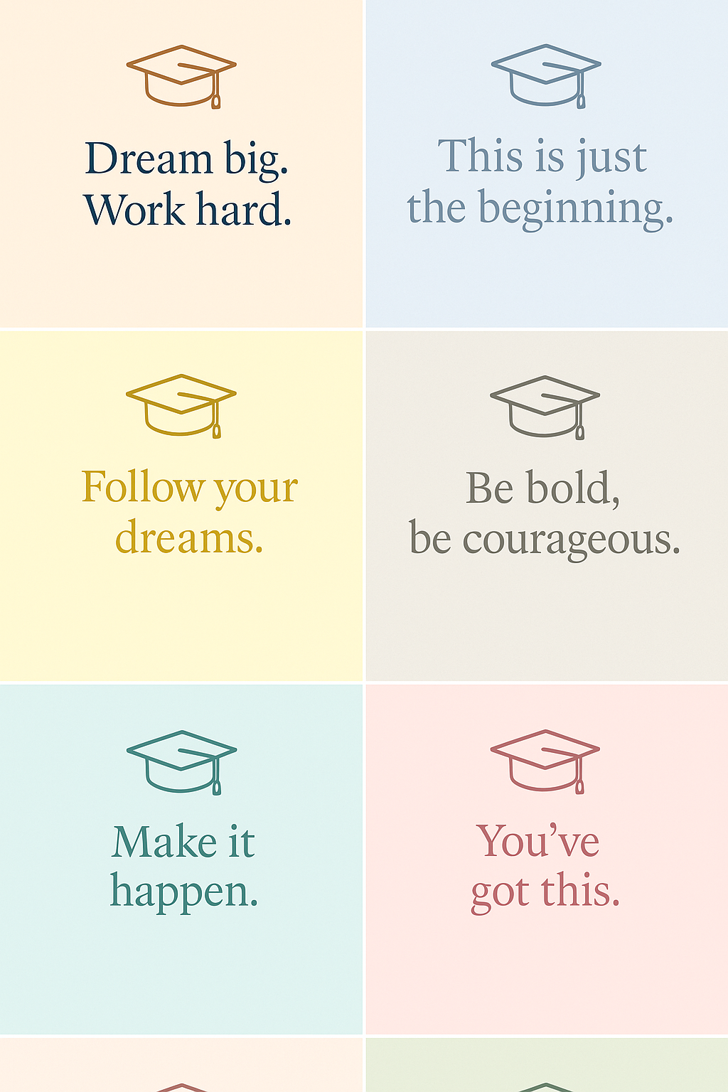 A grid of minimal quote cards styled for Pinterest or Instagram Story highlights—pastel backgrounds, cap illustrations, and elegant typography. Great for resharing or customizing.