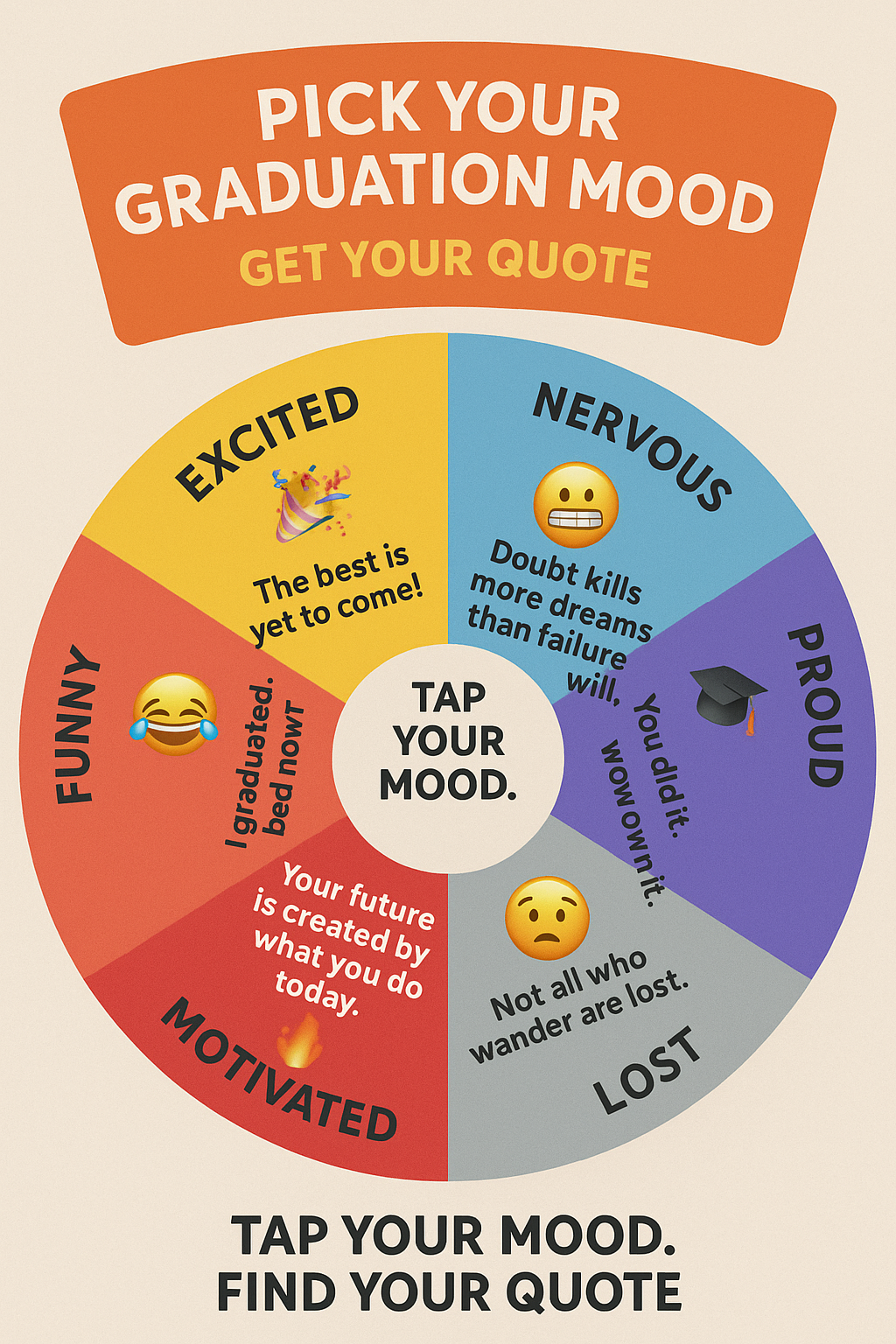 A vibrant infographic-style mood wheel titled:
“Pick Your Graduation Mood — Get Your Quote”
Design Notes:
Circular wheel divided into sections like "Excited," "Nervous," "Proud," "Lost," "Motivated," "Funny"
Each slice features a mood emoji and a matching quote inside
Placed in the center or sidebar of the blog to enhance visual engagement
Great for Pinterest and IG stories