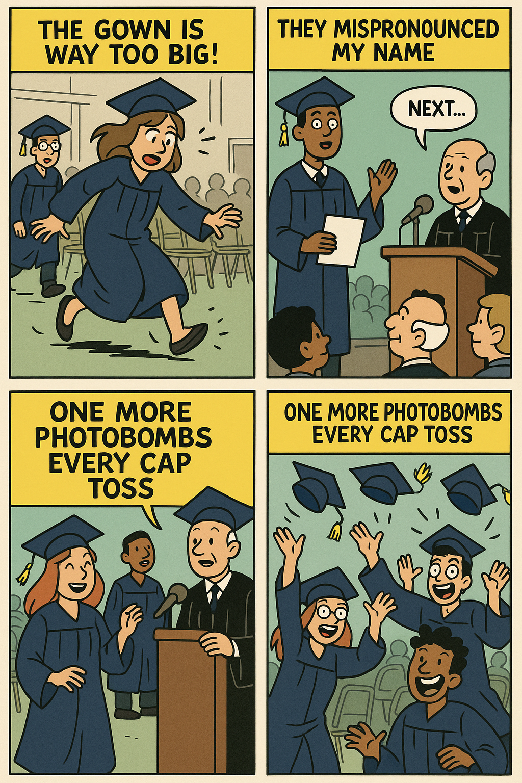 A comic-style graphic or strip depicting a graduation day full of mishaps—oversized gowns, name mispronunciations, and one student photobombing every cap toss.