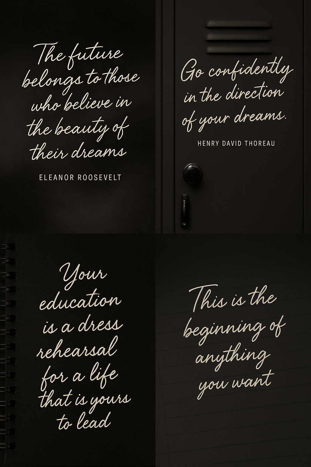 Grid of dark-toned, moody quote cards for Pinterest and Instagram
🖤 Think: black gradients, handwritten font overlays, student locker backdrops, or notebook paper aesthetic