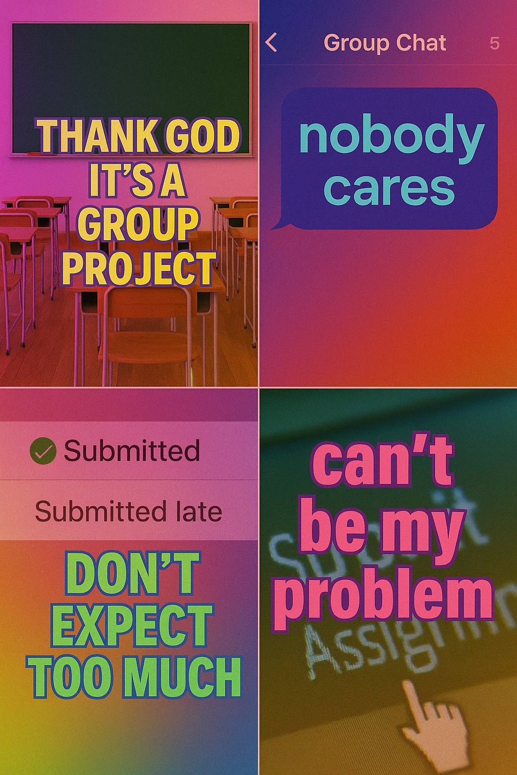 Meme Grid Featuring Gen-Z-Style Posters
Sarcastic tone, neon gradients, lo-fi aesthetic
Ideal for Pinterest boards, IG reels, or WhatsApp stickers
Quotes overlayed on relatable school life visuals: empty desks, group chats, “submitted late” portals