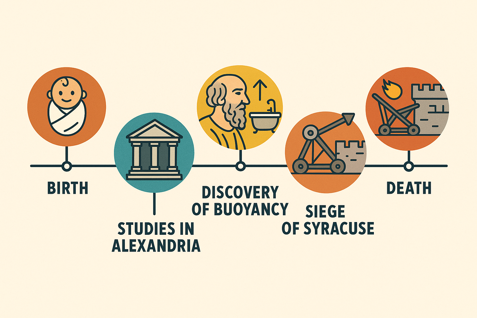 A horizontal timeline graphic featuring key milestones — birth, studies in Alexandria, discovery of buoyancy, siege of Syracuse, death]