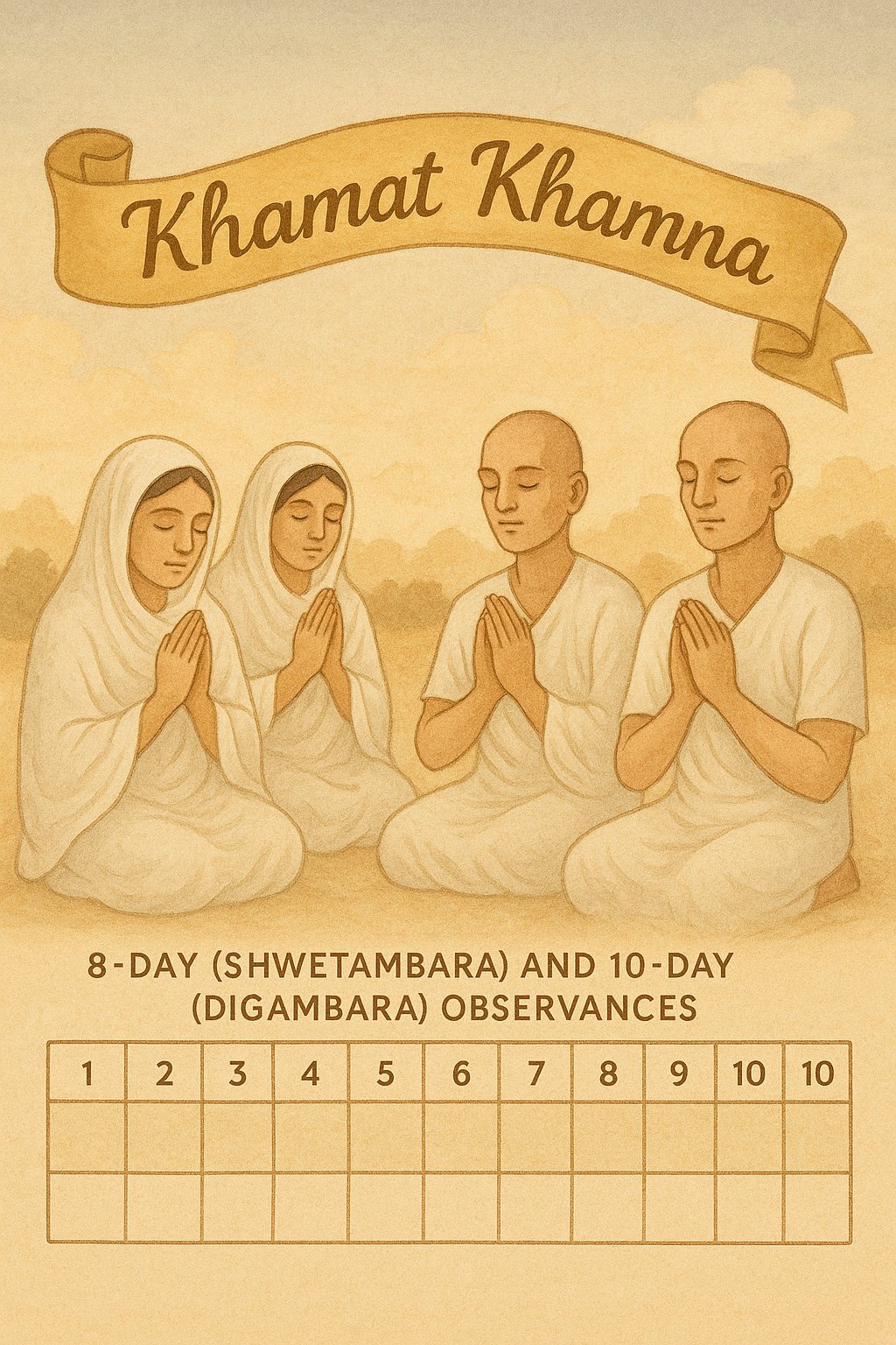 A serene calendar illustration showing 8-day (Shwetambara) and 10-day (Digambara) observances, with peaceful devotees in white robes praying, and soft golden “Khamat Khamna” ribbons across the top.