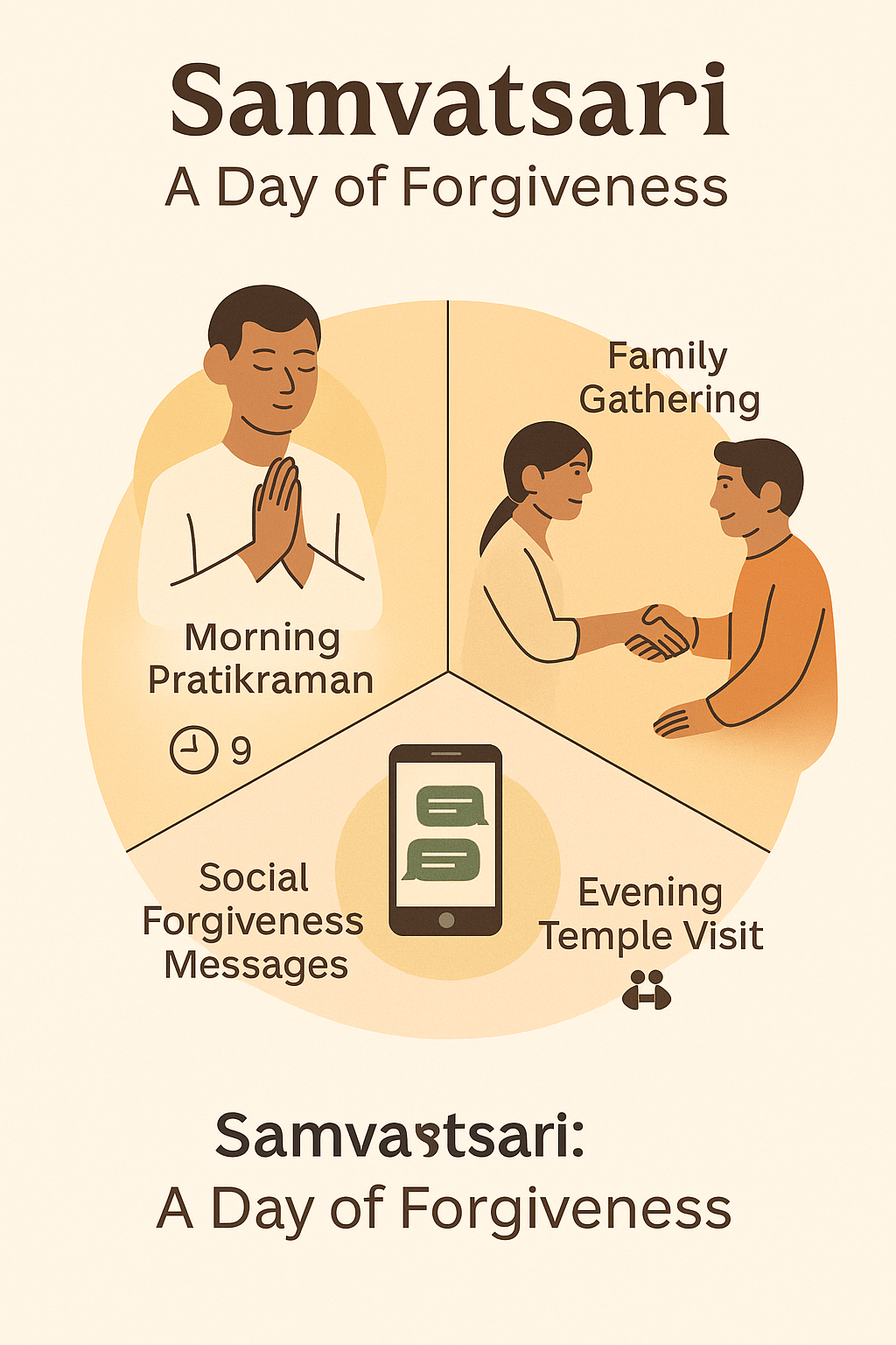 Morning Pratikraman 🕘
Family gatherings 🤝
Social forgiveness messages on WhatsApp/social media 📱
Evening temple visit with community circle hug 🫂