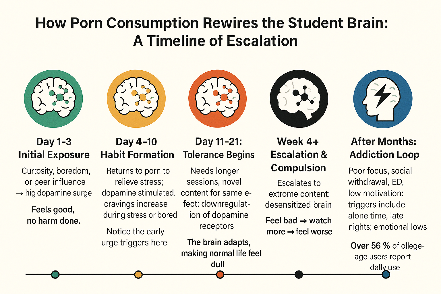 A timeline graphic showing how exposure to porn leads to dopamine surges and, over days or weeks, to tolerance and escalating content (similar to the concept of “Your Brain on Porn”).