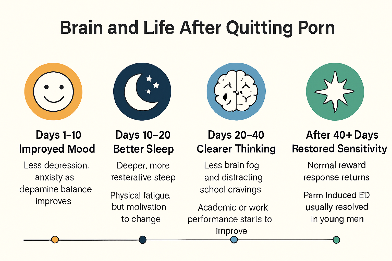 A timeline visual showing “Brain and Life After Quitting Porn” – charting improved mood, better sleep, clearer thinking, and restored sensitivity over days/weeks of abstinence.